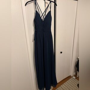 Azazie Lace & Strappy Back Navy Blue Maxi Dress